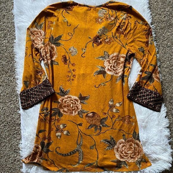 Soft Surroundings Etana Mustard Yellow Floral Embroidered Tunic Top Size Small - Picture 9 of 11